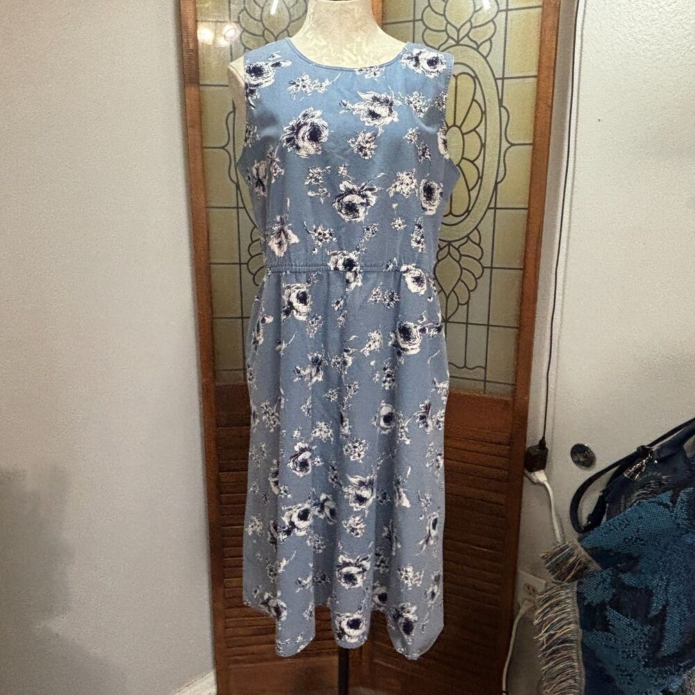 Vintage S.L. Petites Chic Chambray Floral Print Knee Length Dress Size 14 - Picture 2 of 15